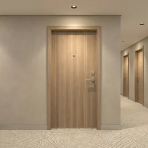 Modern wood grain finished fire door installed in a luxury hotel corridor